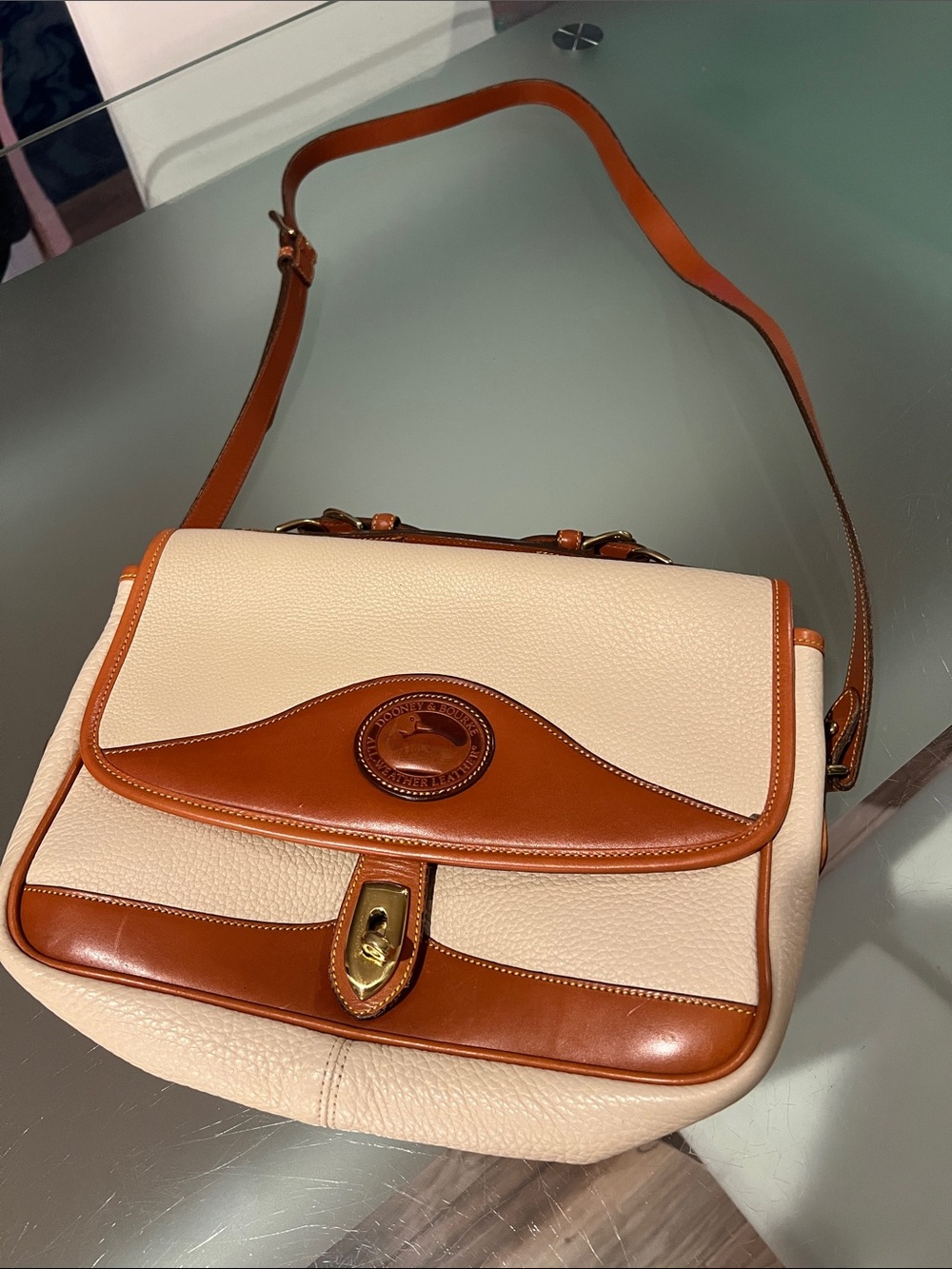 Dooney & Bourke Vintage Cream and Chestnut Leather Shoulder Bag
